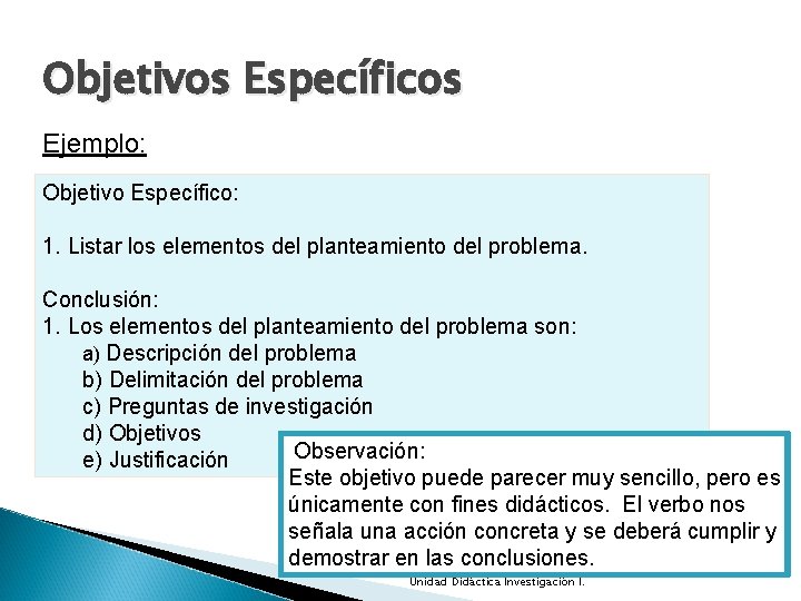 Objetivos Específicos Ejemplo: Objetivo Específico: 1. Listar los elementos del planteamiento del problema. Conclusión: