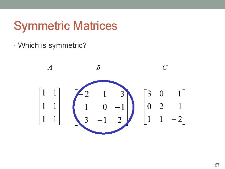 Symmetric Matrices • Which is symmetric? A B C 27 