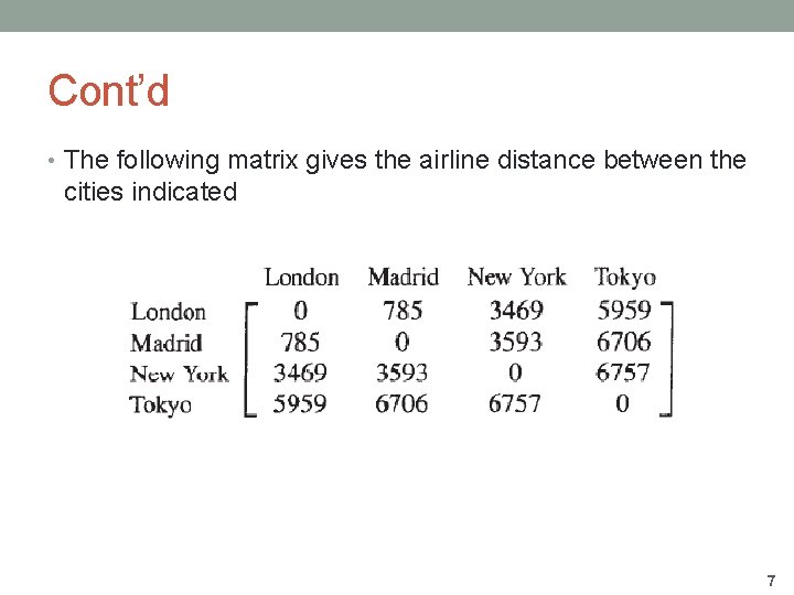Cont’d • The following matrix gives the airline distance between the cities indicated 7
