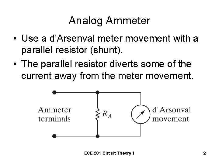 Analog Ammeter • Use a d’Arsenval meter movement with a parallel resistor (shunt). •