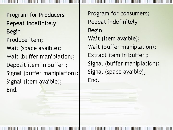 Program for Producers Repeat indefinitely Begin Produce item; Wait (space avaible); Wait (buffer maniplation); Program for Producers Repeat indefinitely Begin Produce item; Wait (space avaible); Wait (buffer maniplation);