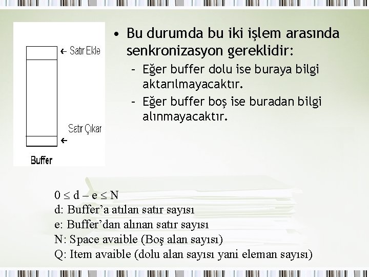 • Bu durumda bu iki işlem arasında senkronizasyon gereklidir: – Eğer buffer dolu • Bu durumda bu iki işlem arasında senkronizasyon gereklidir: – Eğer buffer dolu