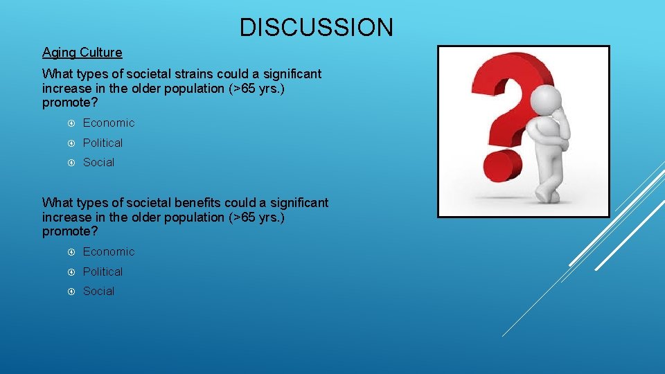 DISCUSSION Aging Culture What types of societal strains could a significant increase in the