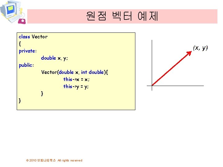 원점 벡터 예제 class Vector { private: double x, y; public: Vector(double x, int