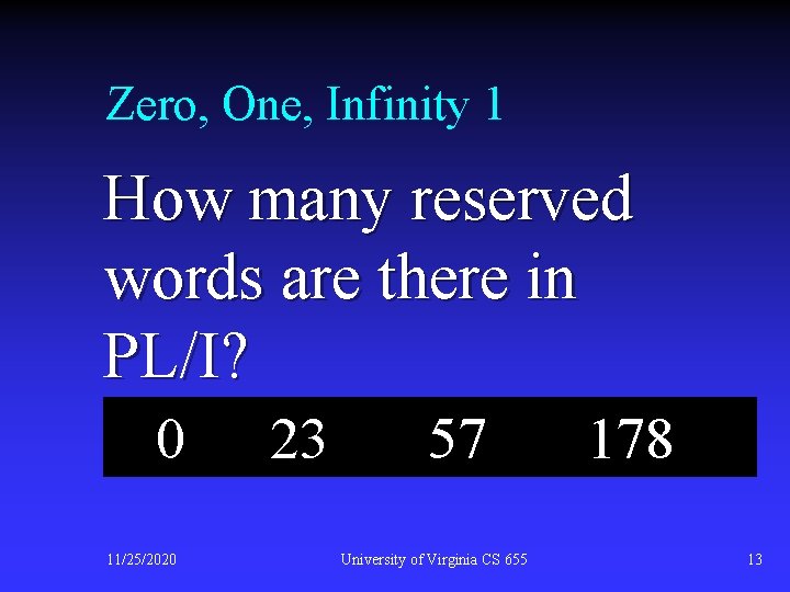 Zero, One, Infinity 1 How many reserved words are there in PL/I? 0 11/25/2020
