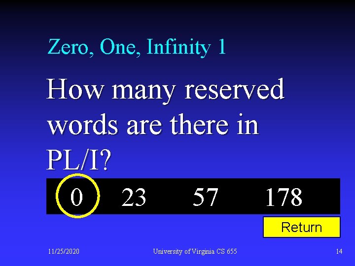 Zero, One, Infinity 1 How many reserved words are there in PL/I? 0 23