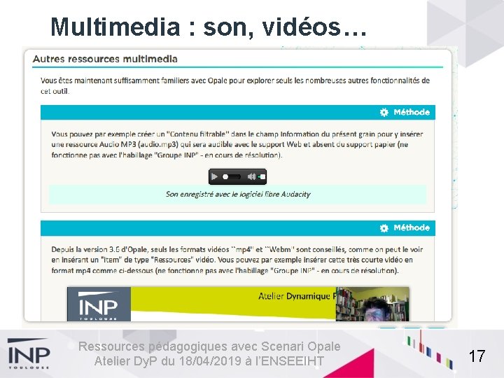 Multimedia : son, vidéos… Ressources pédagogiques avec Scenari Opale Atelier Dy. P du 18/04/2019