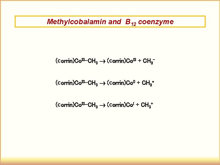 Methylcobalamin and B 12 coenzyme (corrin)Co. III-CH 3 (corrin)Co. III + CH 3– (corrin)Co.