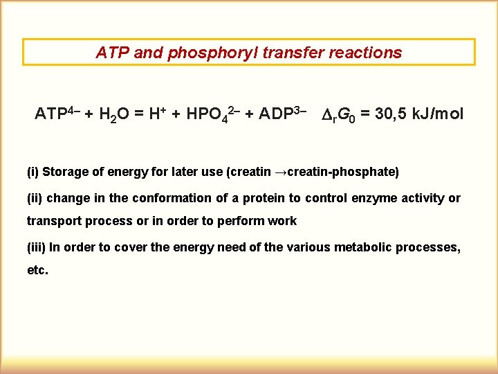 ATP and phosphoryl transfer reactions ATP 4– + H 2 O = H+ +