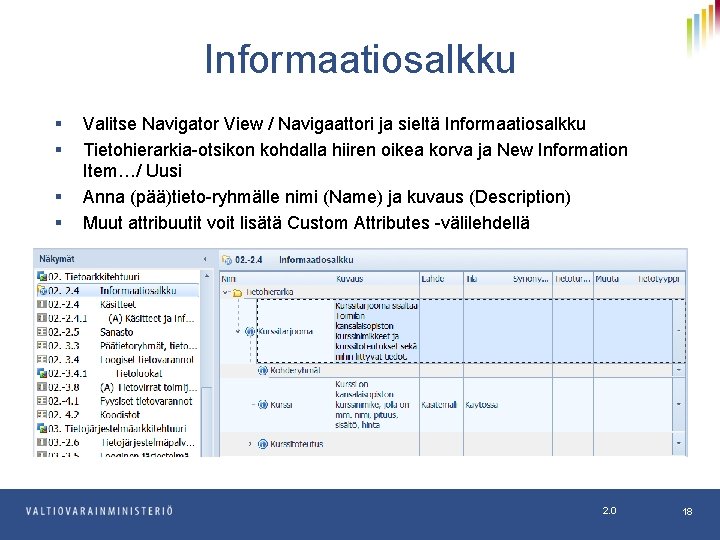 Informaatiosalkku § § Valitse Navigator View / Navigaattori ja sieltä Informaatiosalkku Tietohierarkia-otsikon kohdalla hiiren