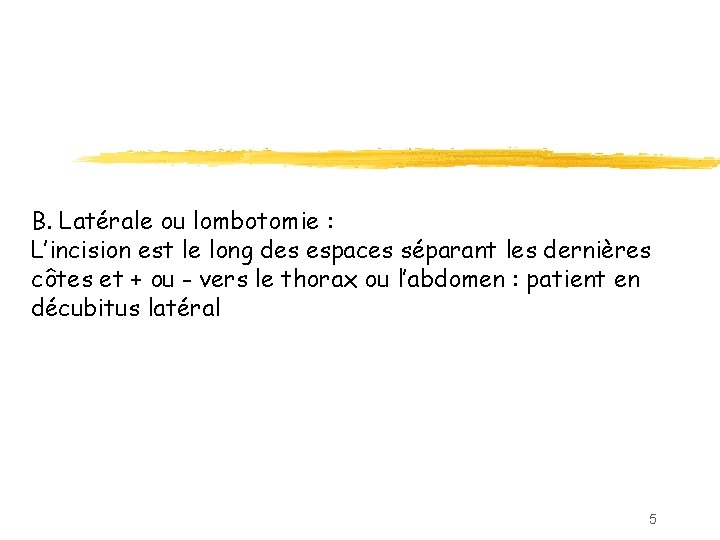 B. Latérale ou lombotomie : L’incision est le long des espaces séparant les dernières