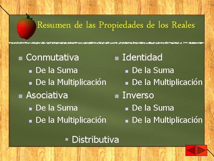 Resumen de las Propiedades de los Reales n Conmutativa n n n De la