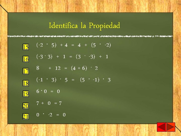Identifica la Propiedad 15 16 17 18 19 20 21 (-2. 5) + 4
