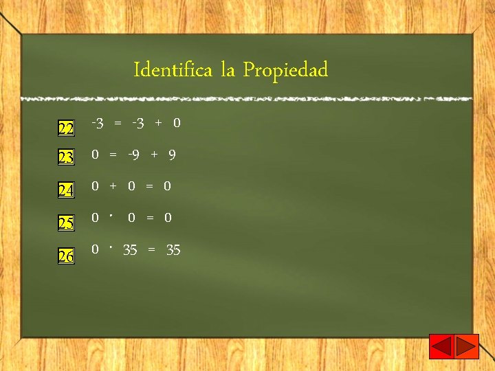 Identifica la Propiedad 22 23 24 25 26 -3 = -3 + 0 0