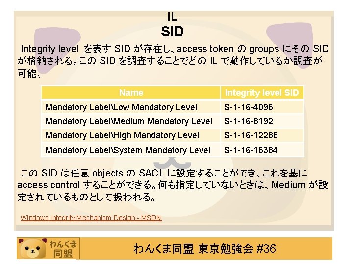 IL SID Integrity level を表す SID が存在し、access token の groups にその SID が格納される。この SID