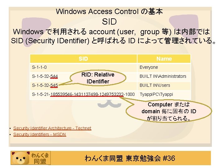 Windows Access Control の基本 SID Windows で利用される account (user, group 等) は内部では SID (Security
