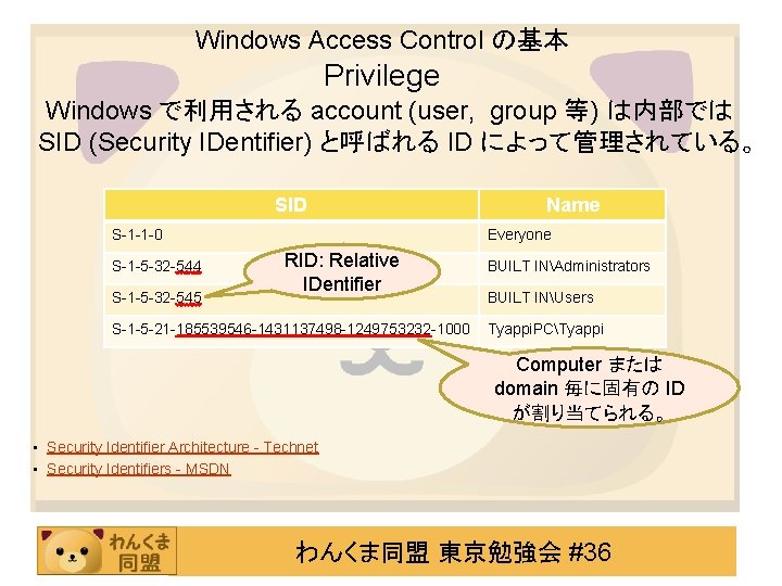 Windows Access Control の基本 Privilege Windows で利用される account (user, group 等) は内部では SID (Security