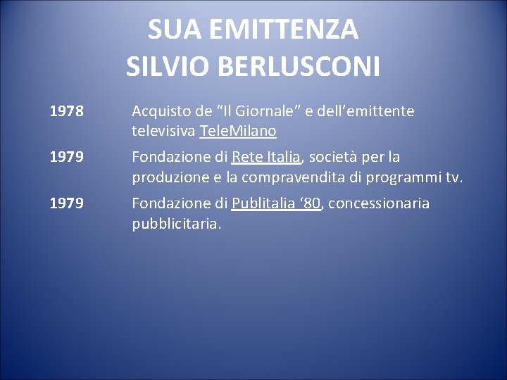 SUA EMITTENZA SILVIO BERLUSCONI 1978 Acquisto de “Il Giornale” e dell’emittente televisiva Tele. Milano