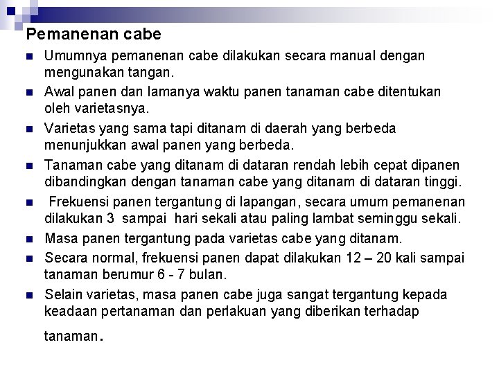 Pemanenan cabe n n n n Umumnya pemanenan cabe dilakukan secara manual dengan mengunakan