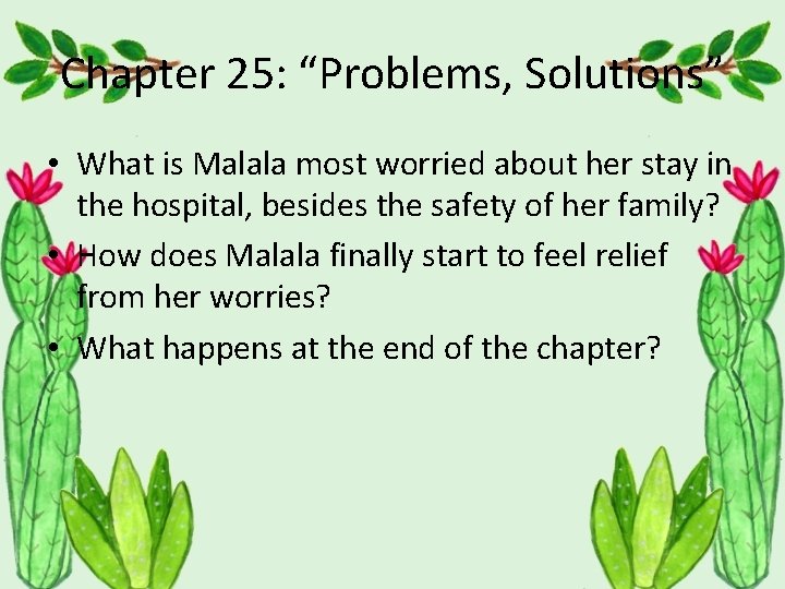Chapter 25: “Problems, Solutions” • What is Malala most worried about her stay in
