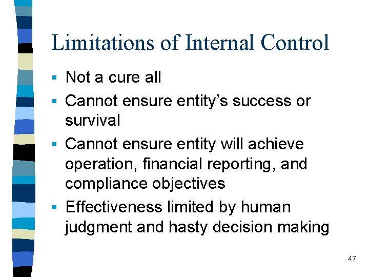Limitations of Internal Control § Not a cure all § Cannot ensure entity’s success