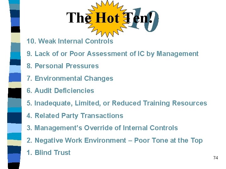 10 The Hot Ten! 10. Weak Internal Controls 9. Lack of or Poor Assessment