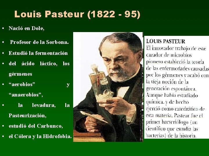 Louis Pasteur (1822 - 95) • Nació en Dole, • Profesor de la Sorbona. Louis Pasteur (1822 - 95) • Nació en Dole, • Profesor de la Sorbona.