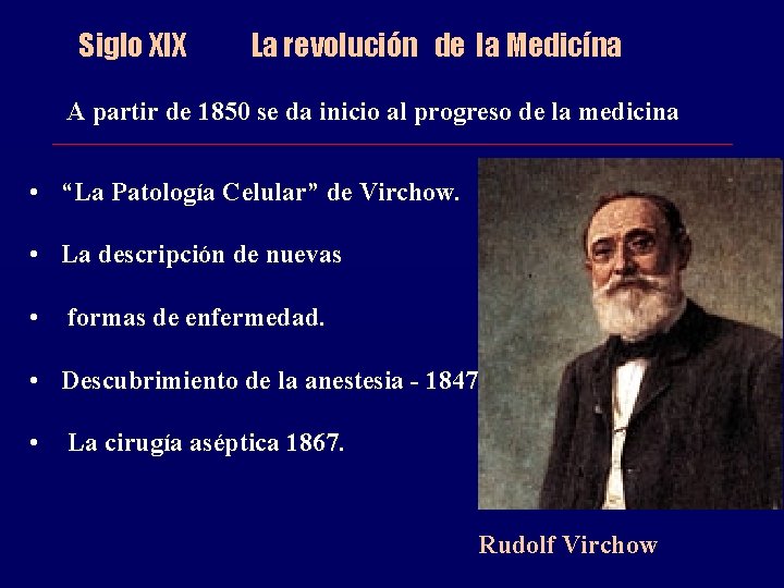 Siglo XIX La revolución de la Medicína A partir de 1850 se da inicio Siglo XIX La revolución de la Medicína A partir de 1850 se da inicio