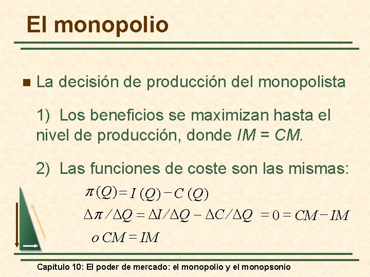 El monopolio n La decisión de producción del monopolista 1) Los beneficios se maximizan