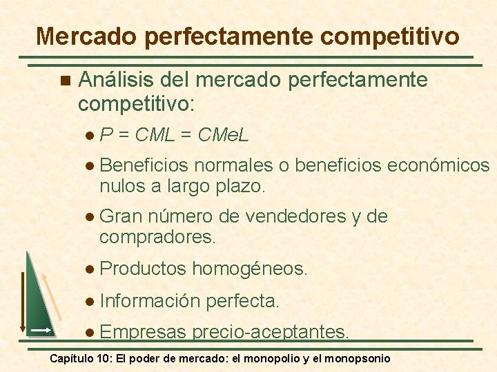 Mercado perfectamente competitivo n Análisis del mercado perfectamente competitivo: l P = CML =