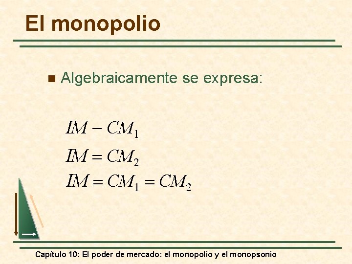 El monopolio n Algebraicamente se expresa: IM - CM 1 IM = CM 2
