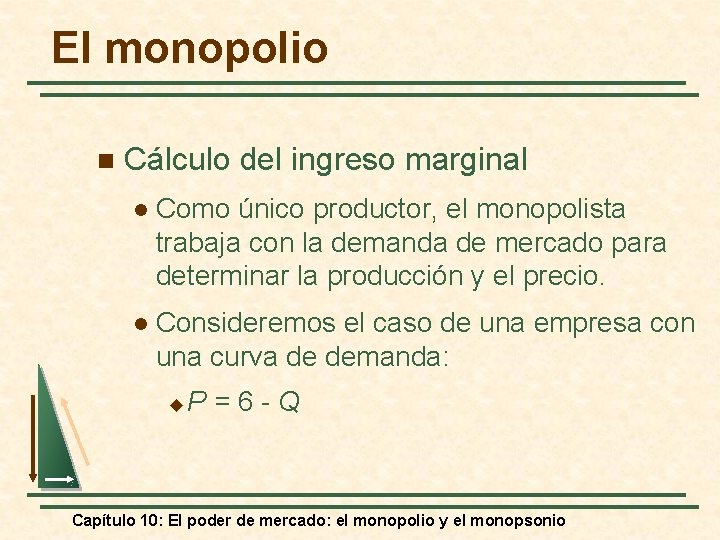 El monopolio n Cálculo del ingreso marginal l Como único productor, el monopolista trabaja
