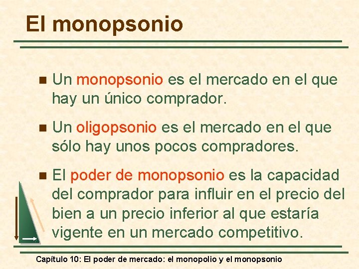 El monopsonio n Un monopsonio es el mercado en el que hay un único