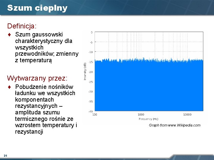 Szum cieplny Definicja: ¨ Szum gaussowski charakterystyczny dla wszystkich przewodników; zmienny z temperaturą Wytwarzany Szum cieplny Definicja: ¨ Szum gaussowski charakterystyczny dla wszystkich przewodników; zmienny z temperaturą Wytwarzany