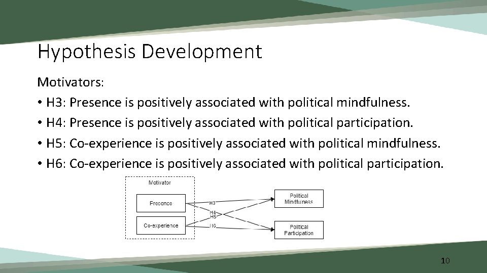 Hypothesis Development Motivators: • H 3: Presence is positively associated with political mindfulness. •