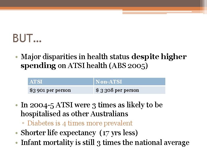 BUT… • Major disparities in health status despite higher spending on ATSI health (ABS BUT… • Major disparities in health status despite higher spending on ATSI health (ABS