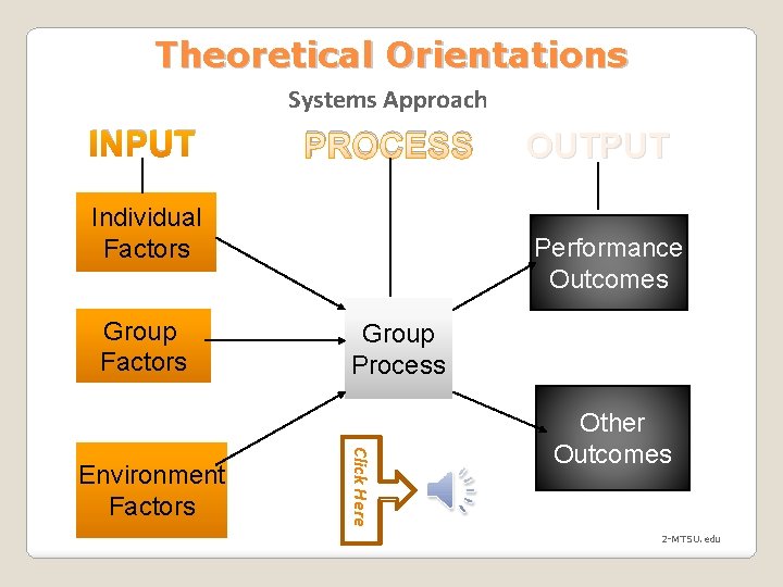 Theoretical Orientations Systems Approach INPUT PROCESS Individual Factors Group Factors Performance Outcomes Group Process