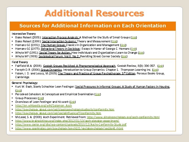 Additional Resources Sources for Additional Information on Each Orientation Interactive Theory • Bales Robert