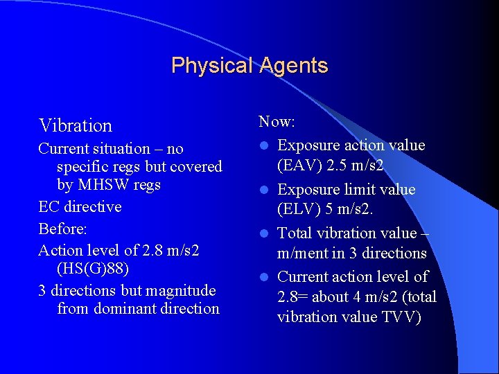 Physical Agents Vibration Current situation – no specific regs but covered by MHSW regs