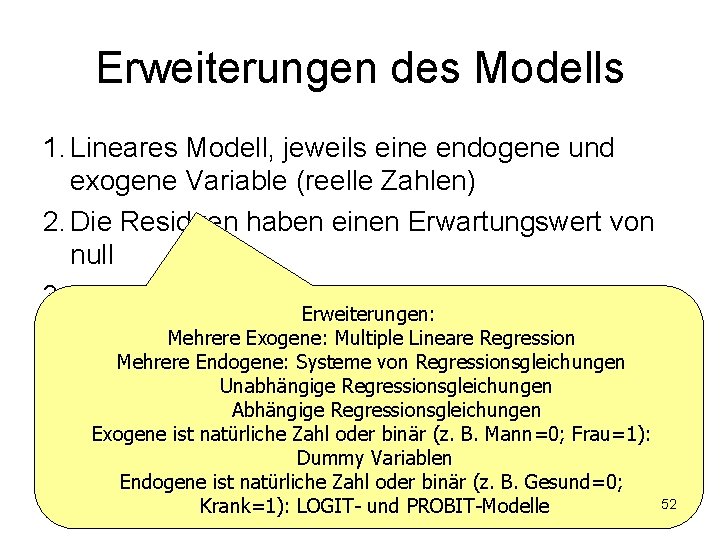 Erweiterungen des Modells 1. Lineares Modell, jeweils eine endogene und exogene Variable (reelle Zahlen)