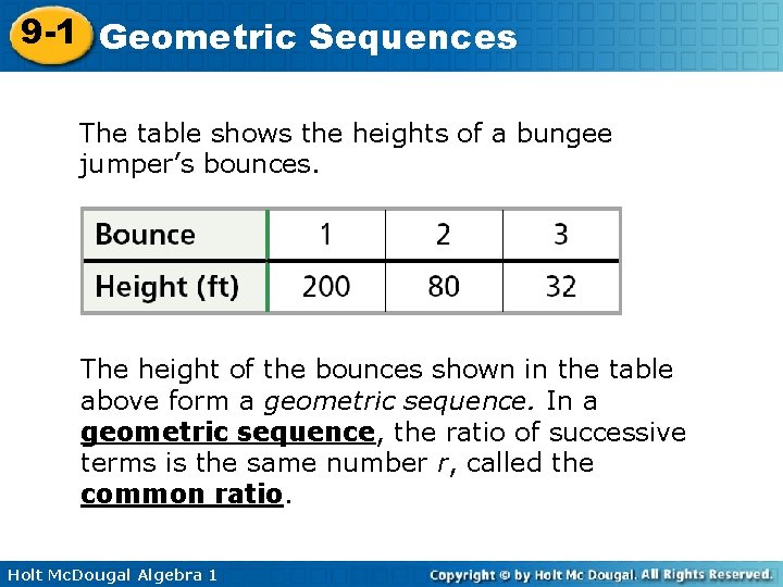 9 -1 Geometric Sequences The table shows the heights of a bungee jumper’s bounces.