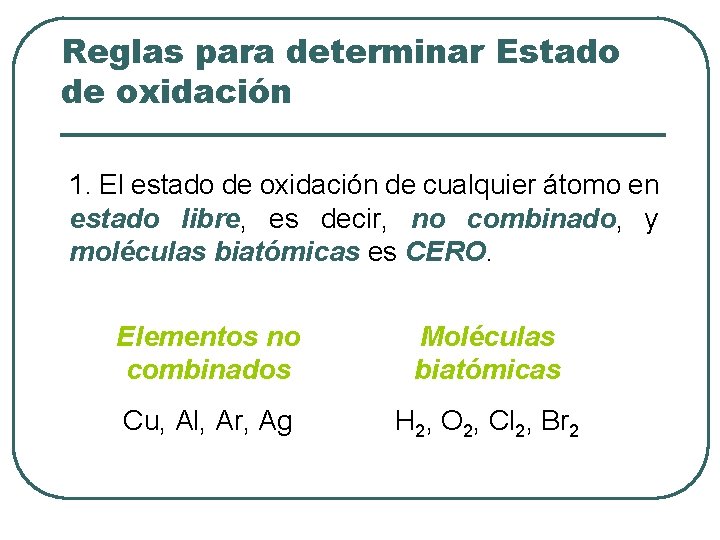 Reglas para determinar Estado de oxidación 1. El estado de oxidación de cualquier átomo