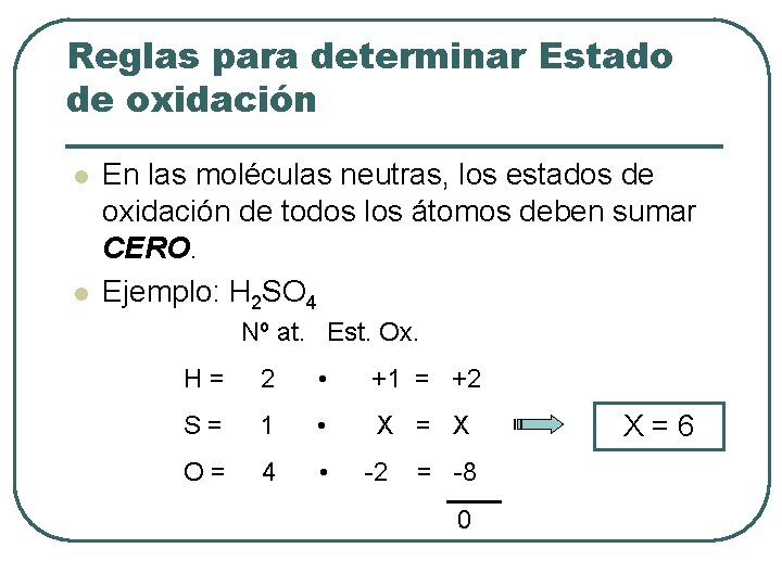 Reglas para determinar Estado de oxidación l l En las moléculas neutras, los estados