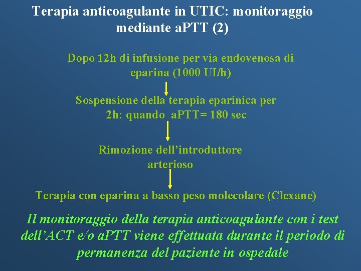 Terapia anticoagulante in UTIC: monitoraggio mediante a. PTT (2) Dopo 12 h di infusione