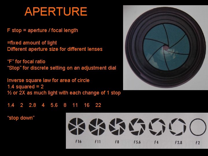 APERTURE F stop = aperture / focal length =fixed amount of light Different aperture