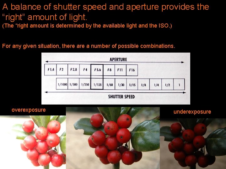 A balance of shutter speed and aperture provides the “right” amount of light. (The