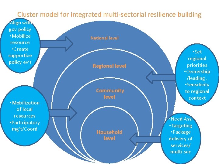 Cluster model for integrated multi-sectorial resilience building • Align with gov policy • Mobilize
