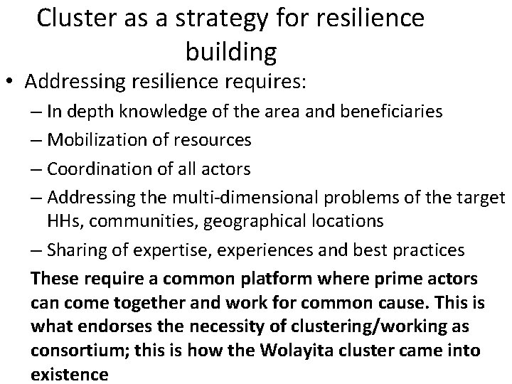 Cluster as a strategy for resilience building • Addressing resilience requires: – In depth