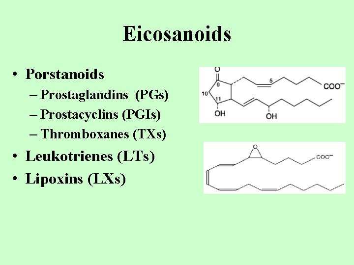 Eicosanoids • Porstanoids – Prostaglandins (PGs) – Prostacyclins (PGIs) – Thromboxanes (TXs) • Leukotrienes