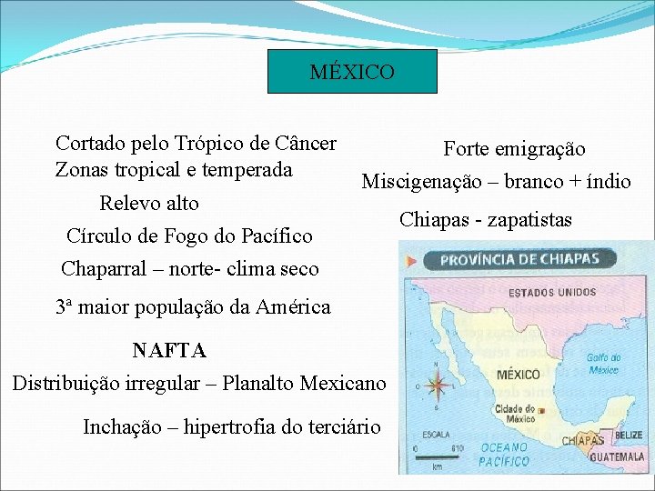 MÉXICO Cortado pelo Trópico de Câncer Zonas tropical e temperada Relevo alto Círculo de